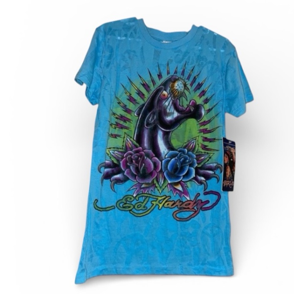 New Ed Hardy Kids Girls Graphic print baby blue tshirt size medium Kids